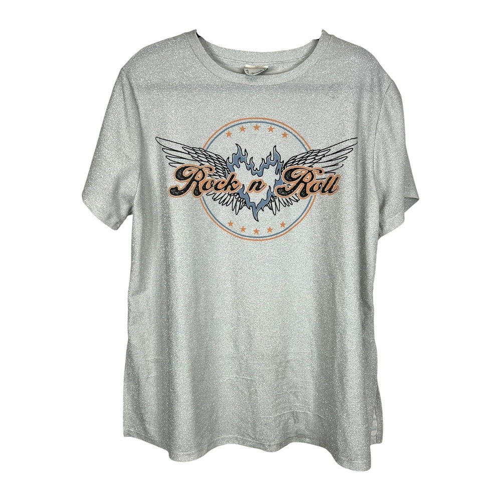 NWT - Arula Women's Silver Metallic Rock n Roll Graphic T-Shirt - Size XL